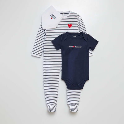 Sleepsuit  bodysuit and bib set - Valentine's Day WHITE