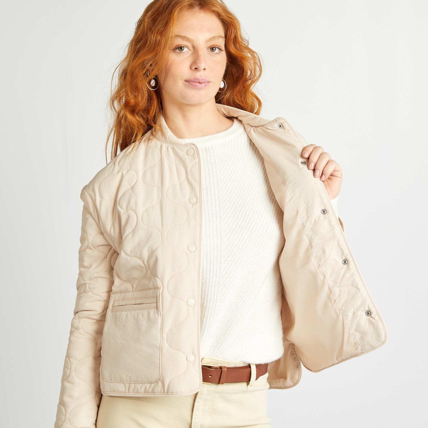 Quilted padded jacket with detachable sleeves BEIGE