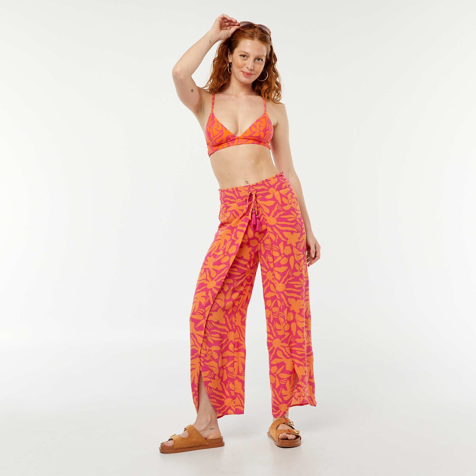 Leaf print triangle bikini top PINK