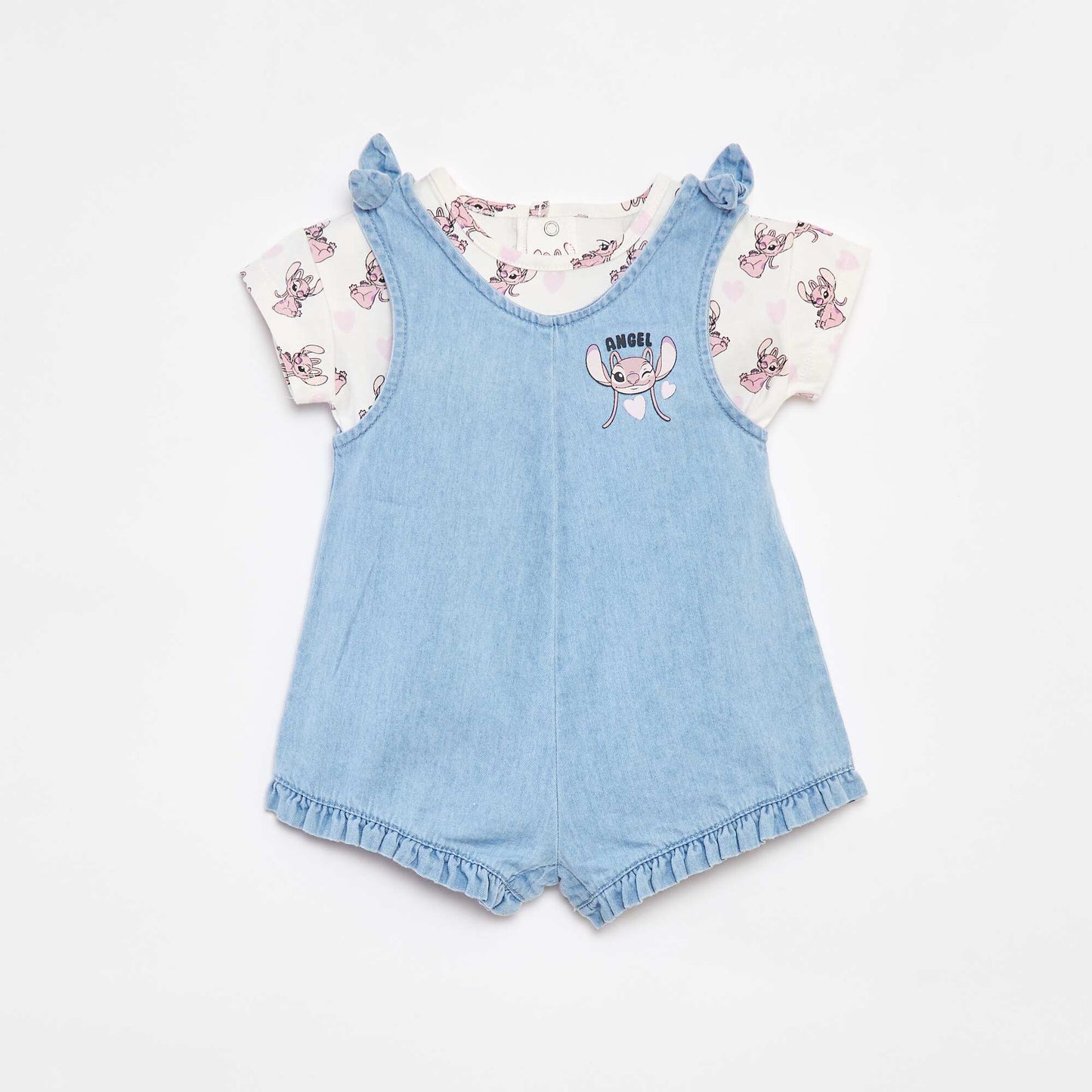 'Stitch' denim dungarees + T-shirt set PINK