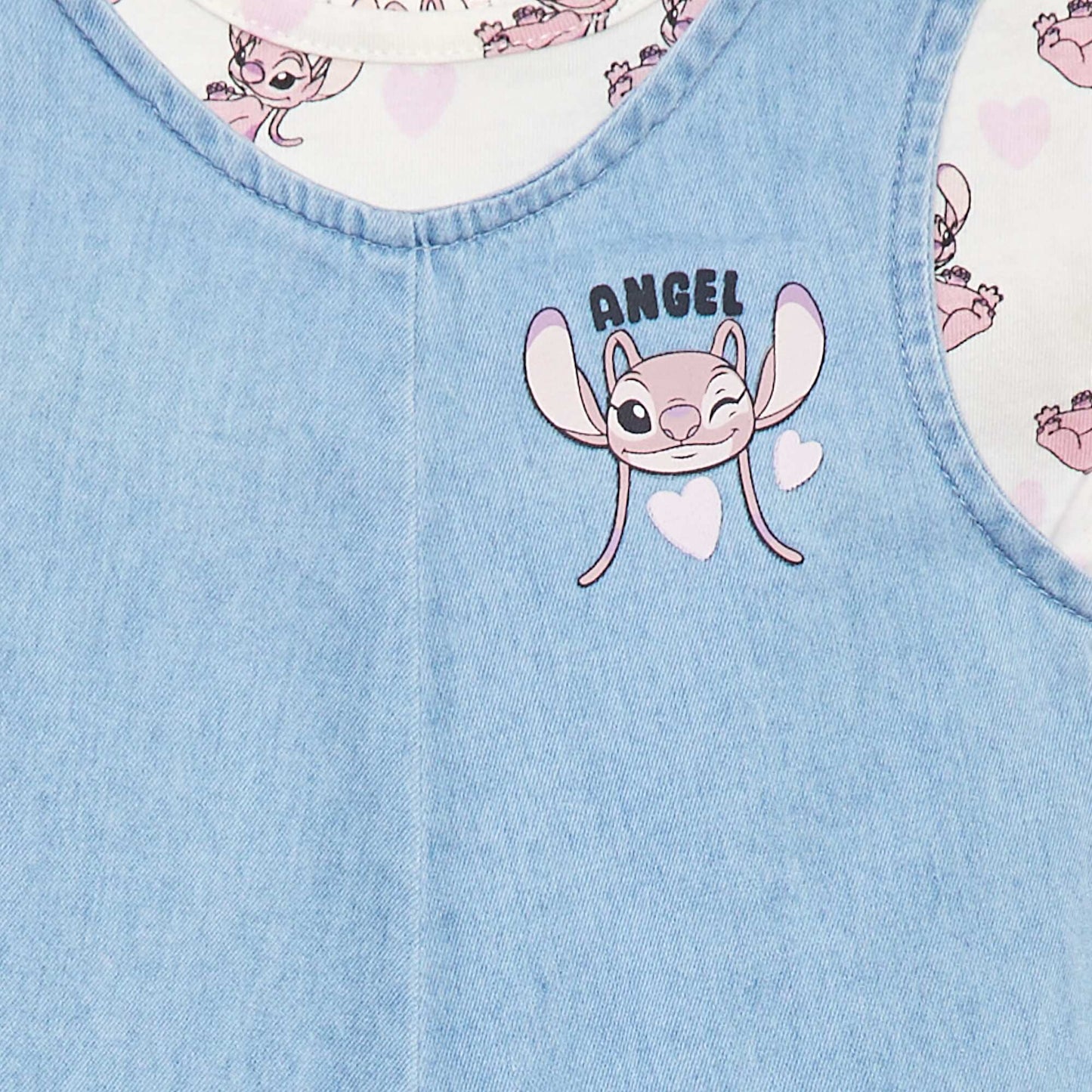 'Stitch' denim dungarees + T-shirt set PINK