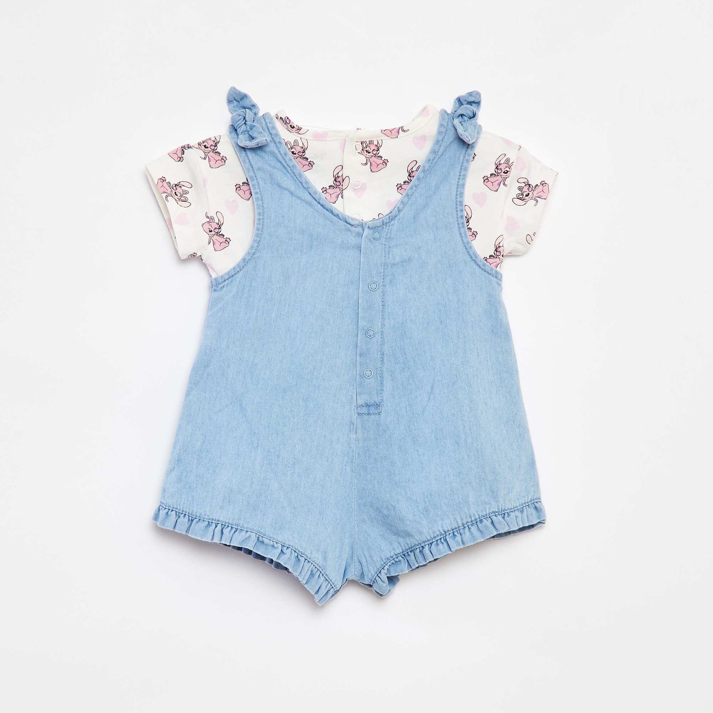 'Stitch' denim dungarees + T-shirt set PINK