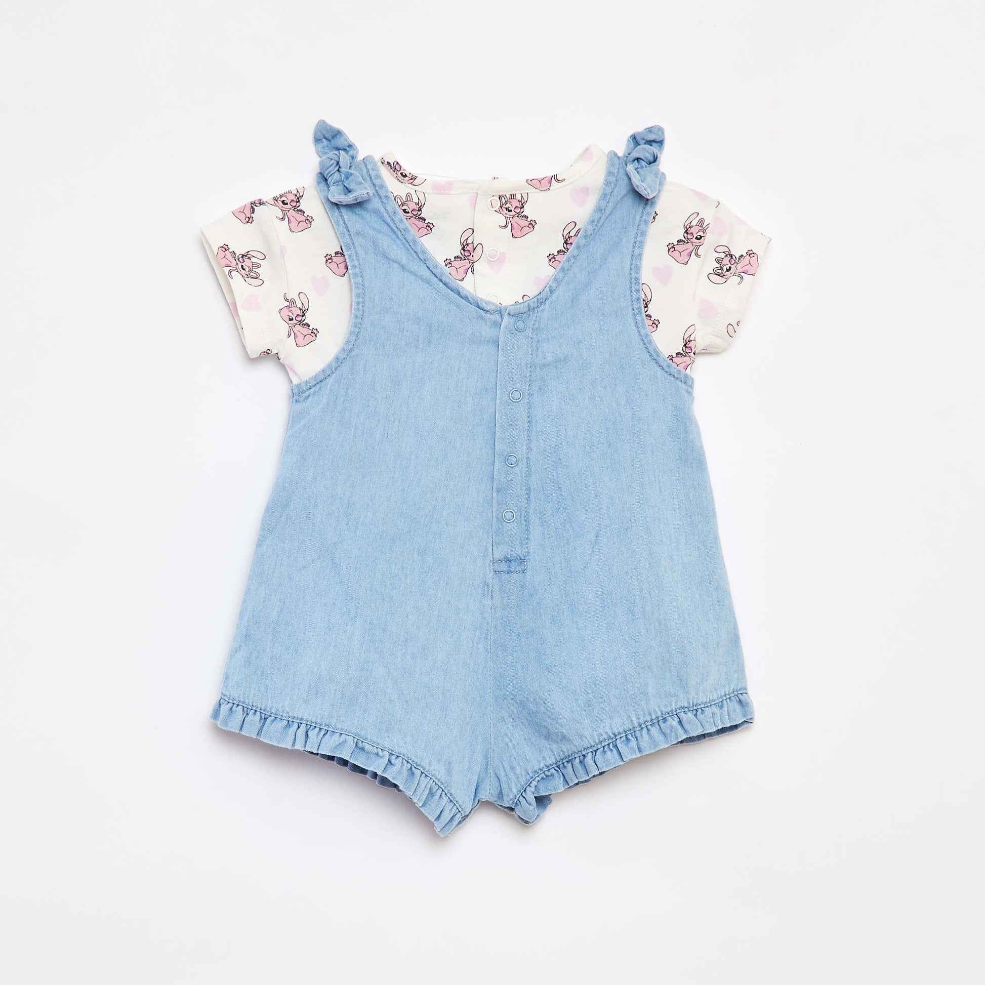 'Stitch' denim dungarees + T-shirt set PINK