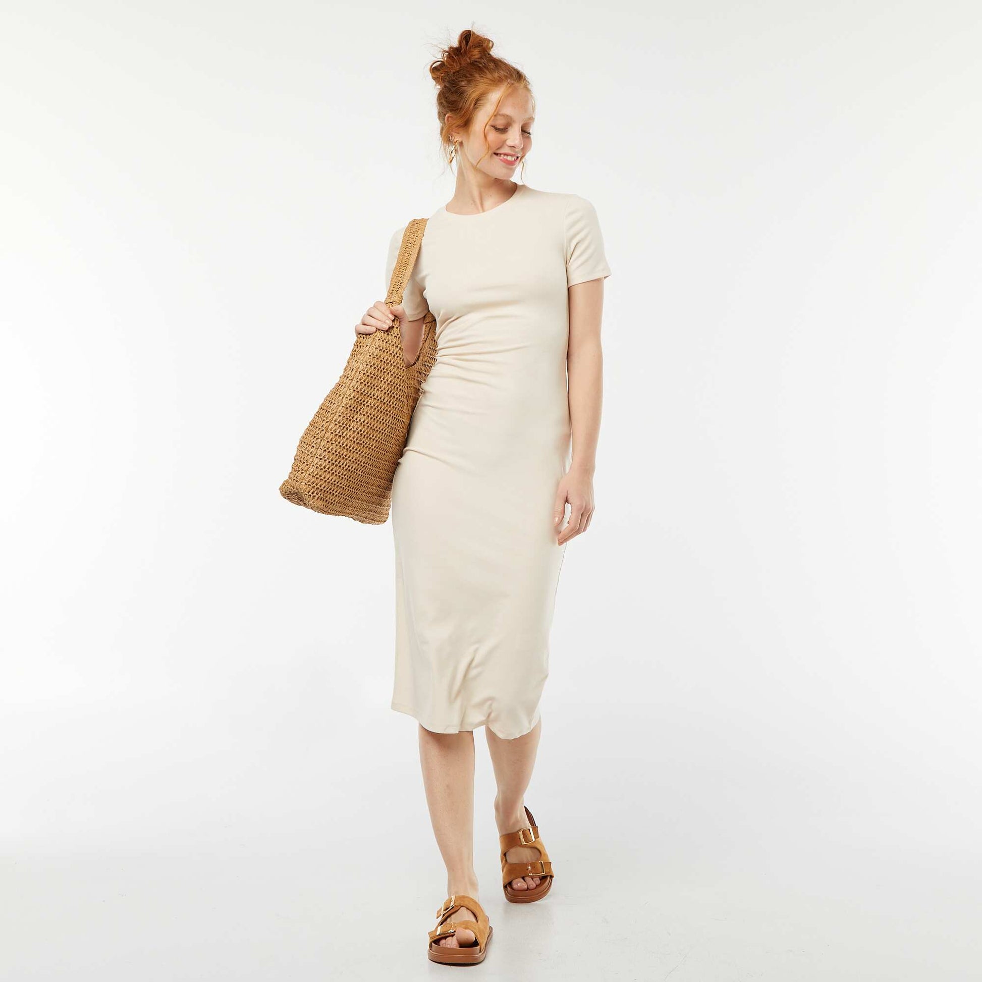 Plain midi dress  open at the back BEIGE
