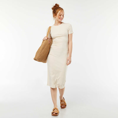 Plain midi dress  open at the back BEIGE