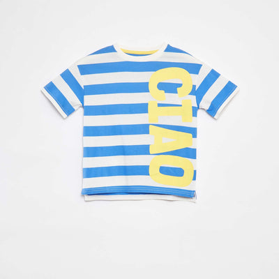 Loose-fit short-sleeved printed T-shirt - Longer at the back BLUE
