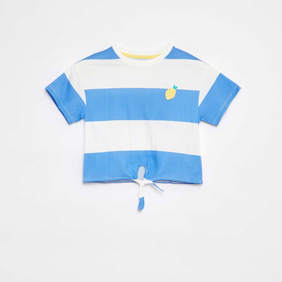 Printed T-shirt with knotted bottom hem BLUE