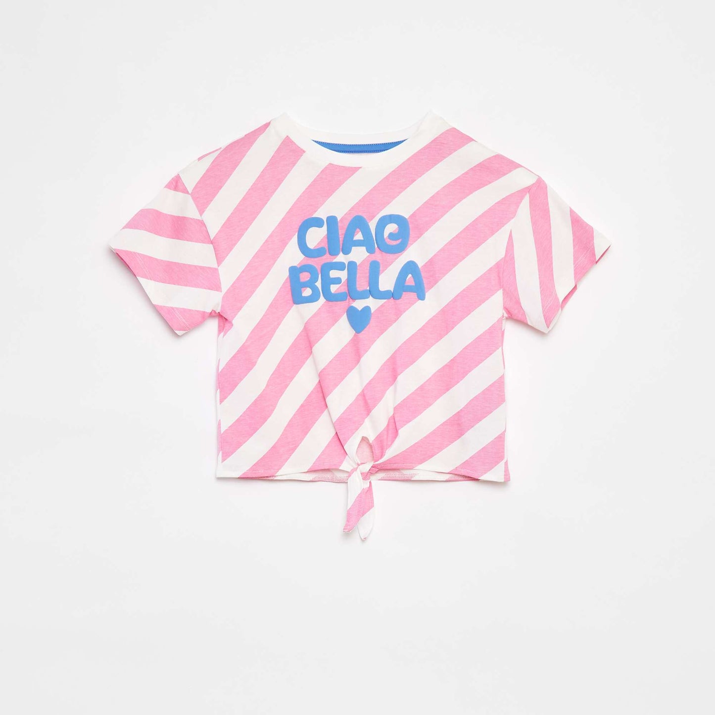 Printed T-shirt with knotted bottom hem PINK