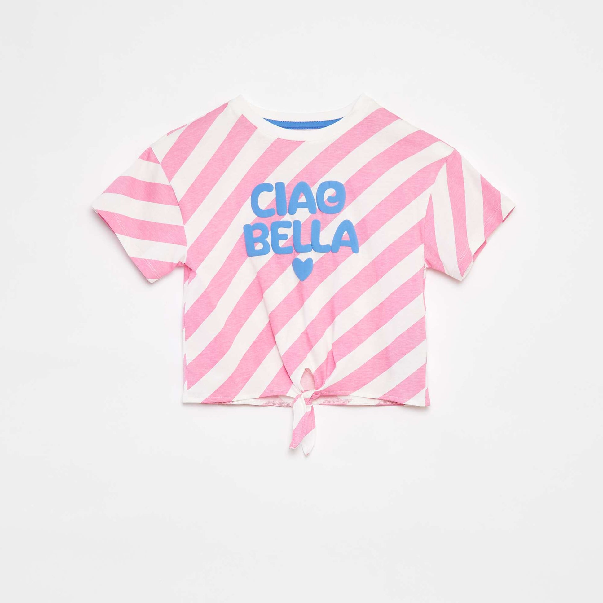 Printed T-shirt with knotted bottom hem PINK