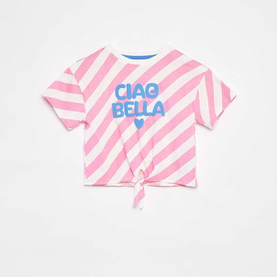 Printed T-shirt with knotted bottom hem PINK