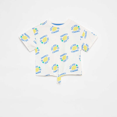 Printed T-shirt with knotted bottom hem WHITE