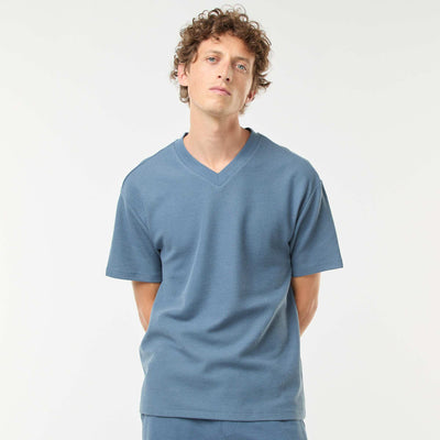 V-neck knit T-shirt BLUE