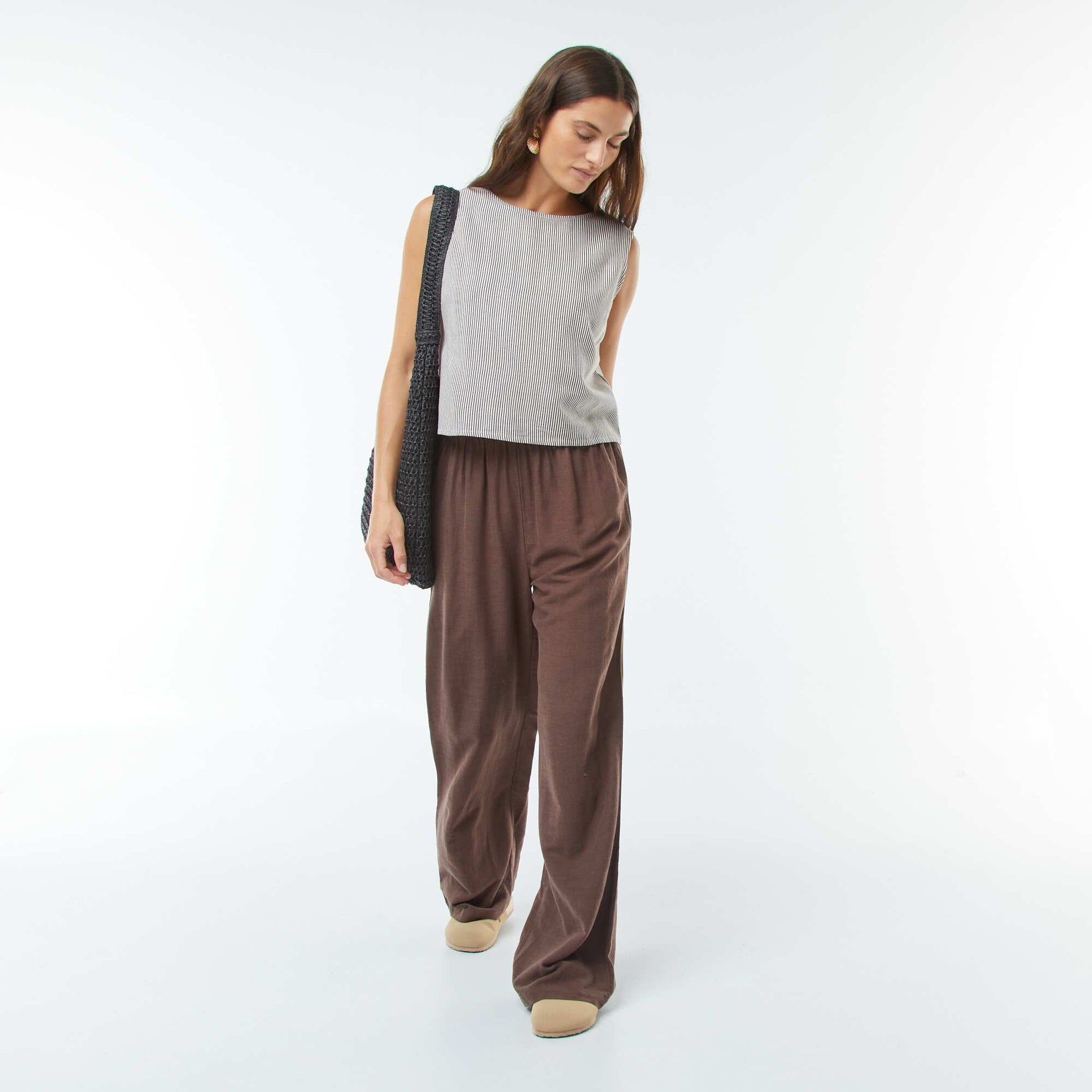 Linen-blend wide-leg trousers BROWN