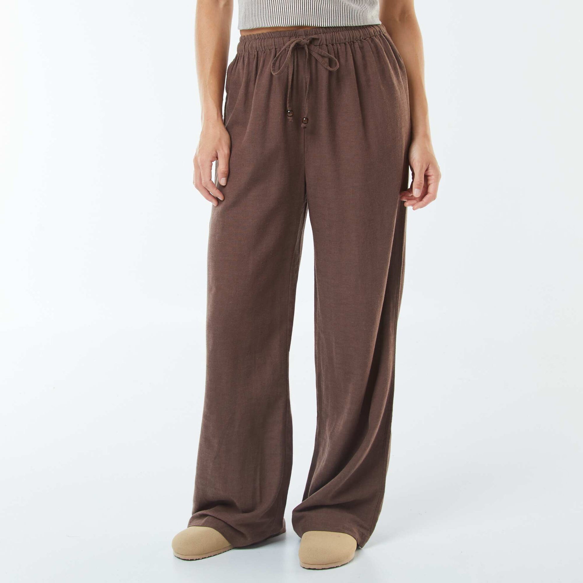 Linen-blend wide-leg trousers BROWN
