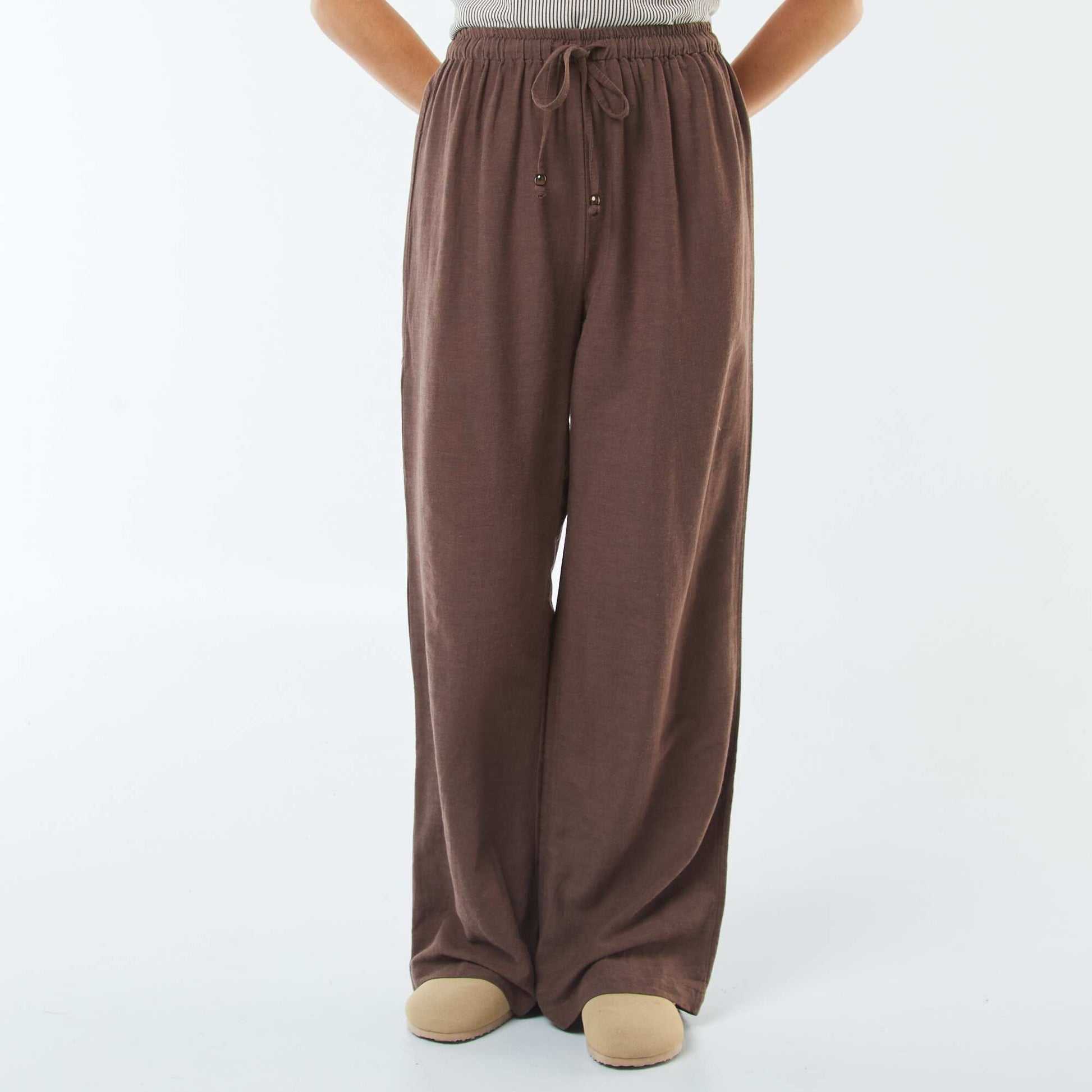 Linen-blend wide-leg trousers BROWN