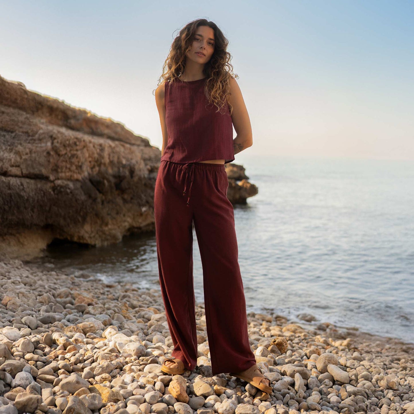 Linen-blend wide-leg trousers RED