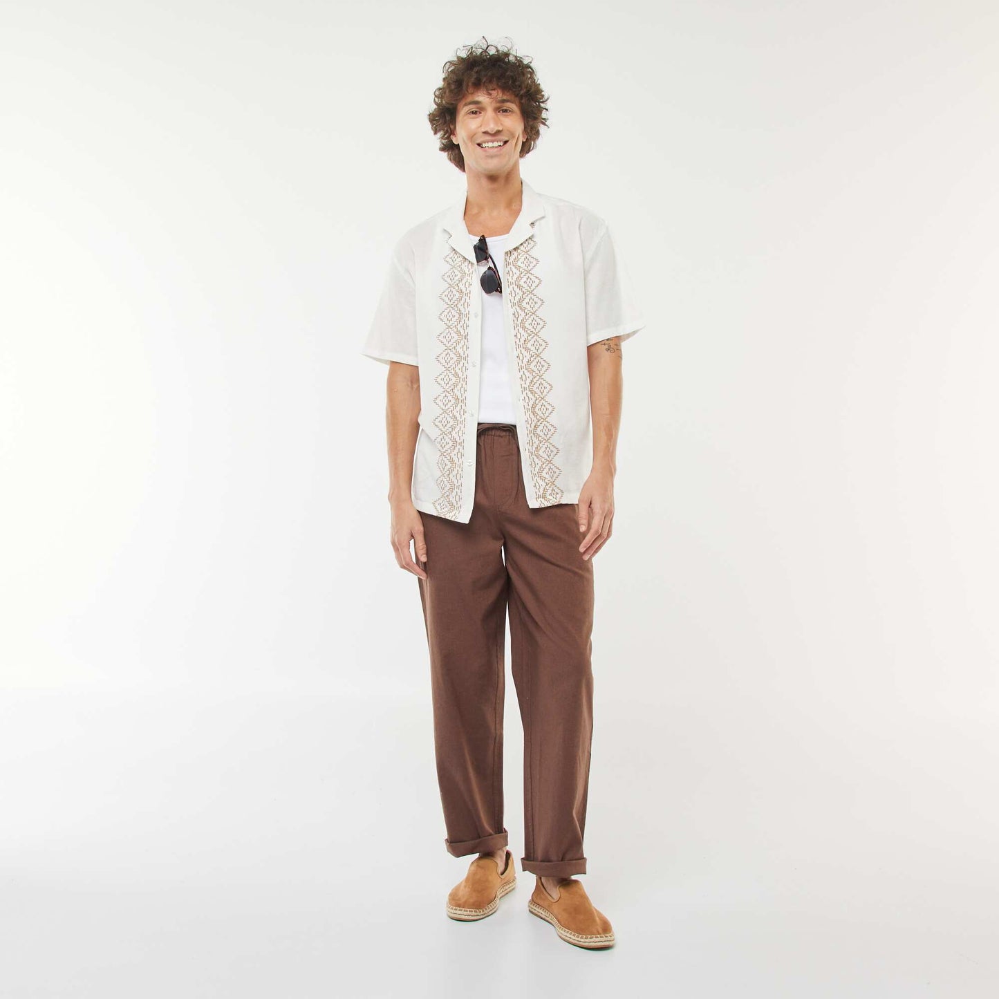 Straight cut linen-blend trousers BROWN