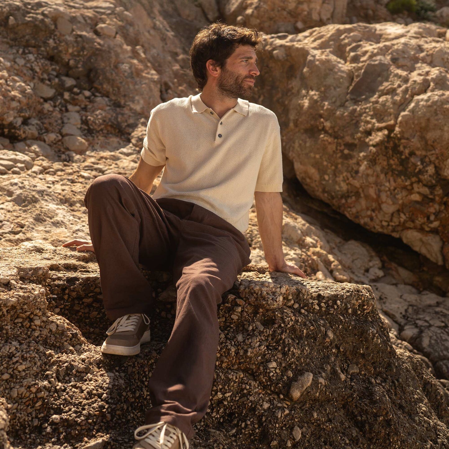 Straight cut linen-blend trousers BROWN