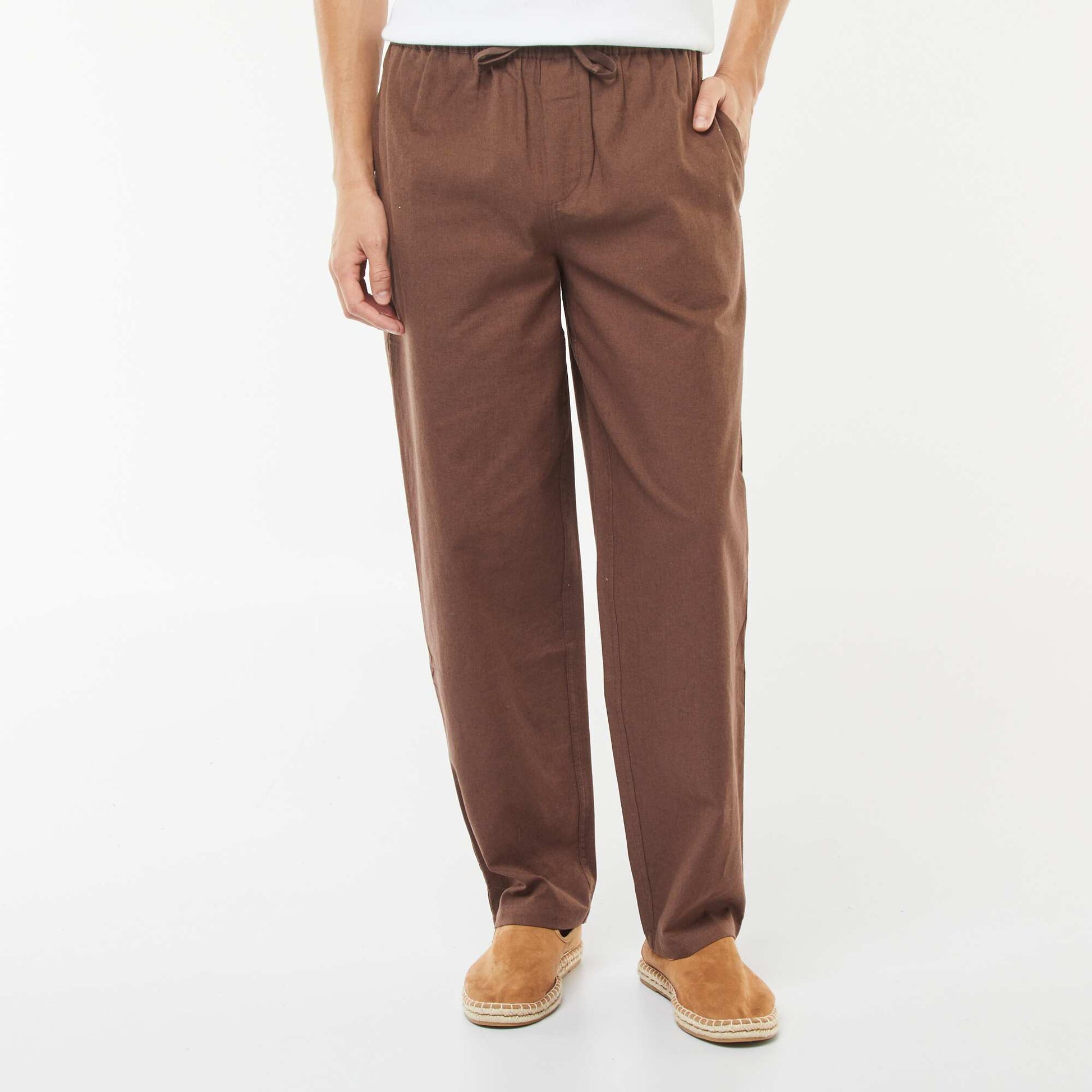 Straight cut linen-blend trousers BROWN