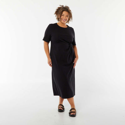 Midi length plain draped dress BLACK