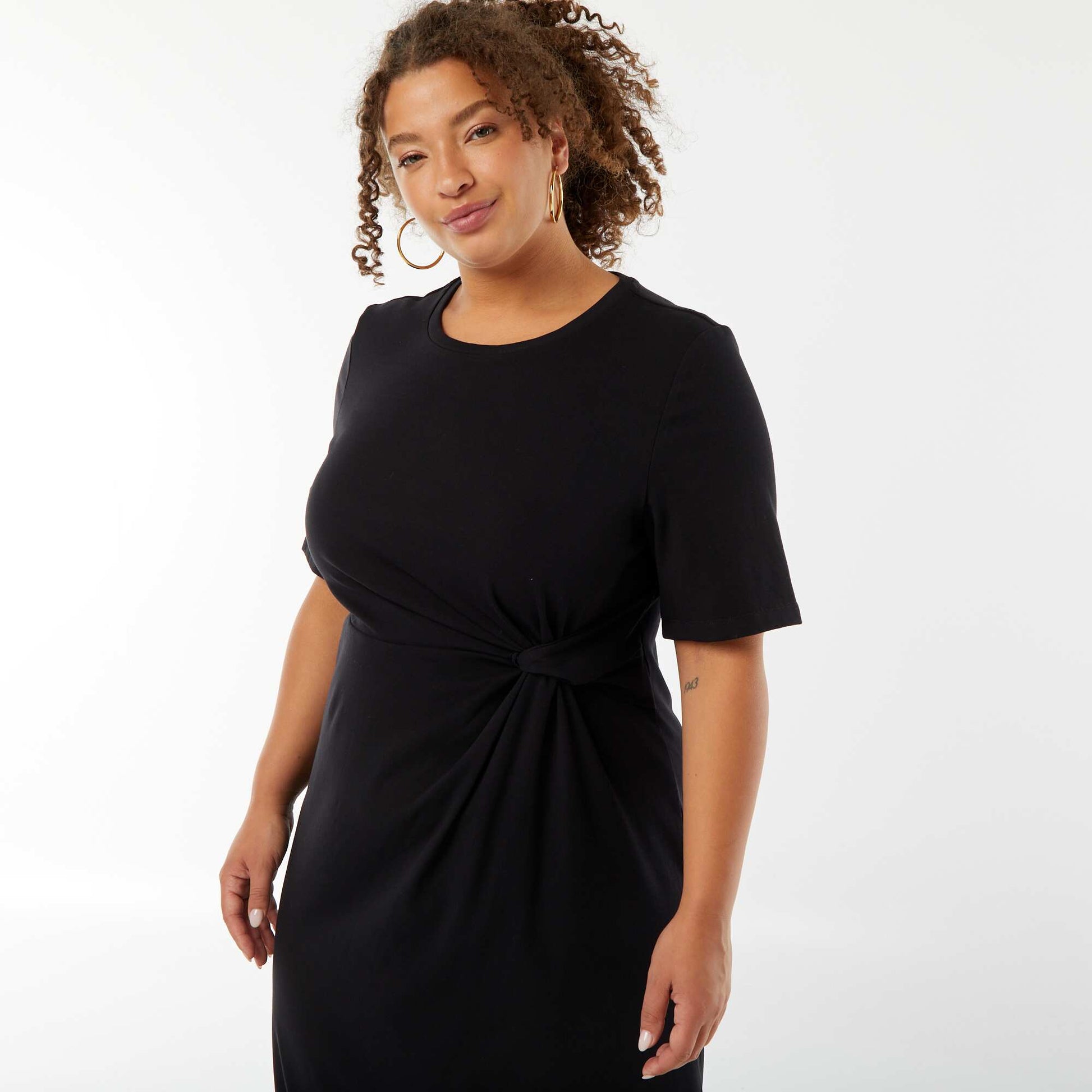 Midi length plain draped dress BLACK