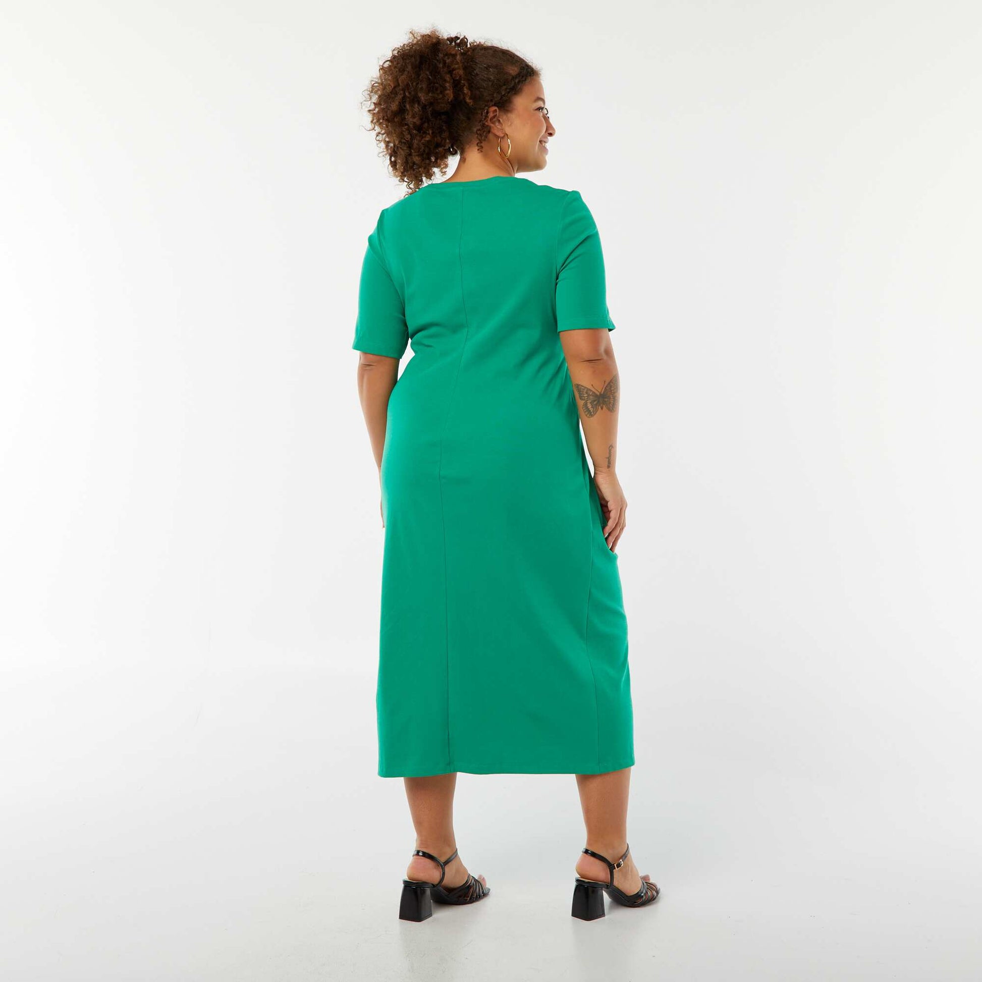 Midi length plain draped dress GREEN