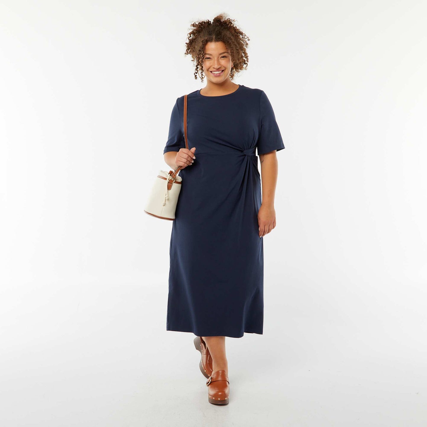 Midi length plain draped dress BLACK