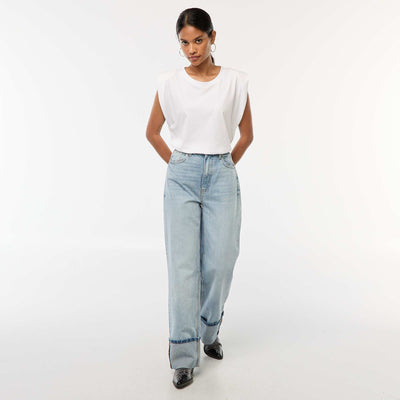 Regular High-Waisted Jeans with Wide Turn-Up Hems BLUE