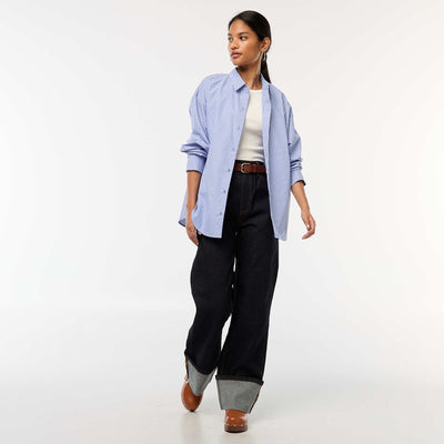 Regular / High-Waisted Jeans with Wide Turn-Up Hems BLUE