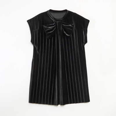 Velvet Knit Dress with Large Bow BLACK