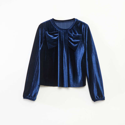 Ribbed Velvet Knit Top with Solid Bow BLUE