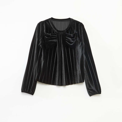 Ribbed Velvet Knit Top with Solid Bow BLACK