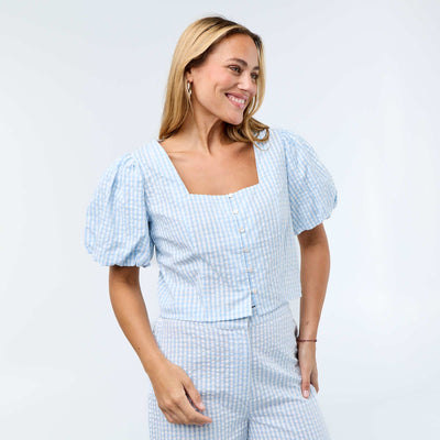 Waffle Knit Cropped Blouse BLUE