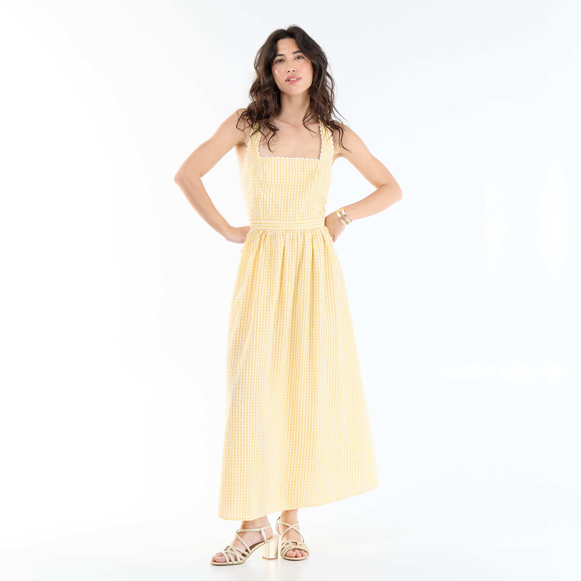 Waffle Knit Cross-Back Strap Maxi Dress YELLOW