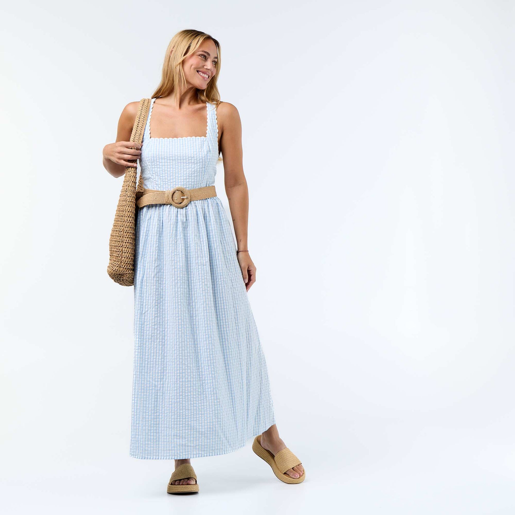 Waffle Knit Cross-Back Strap Maxi Dress BLUE