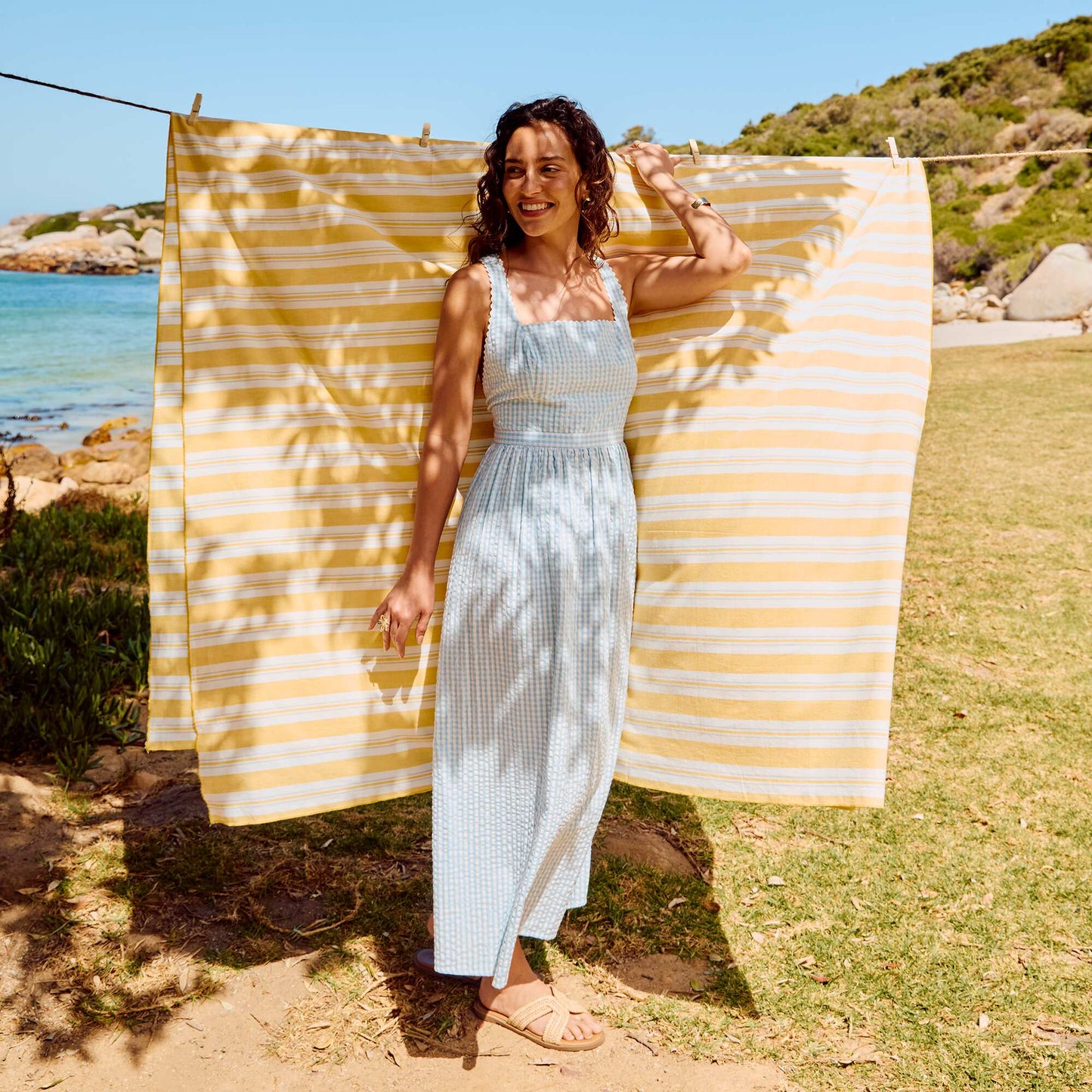 Waffle Knit Cross-Back Strap Maxi Dress BLUE