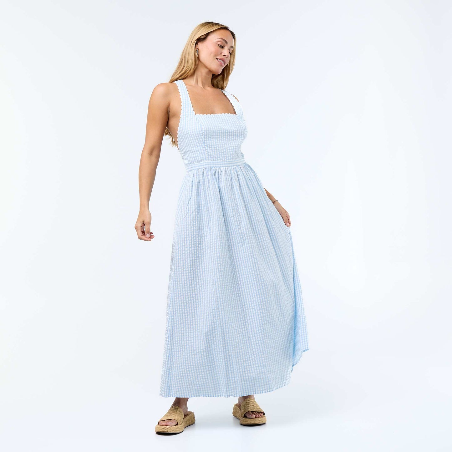 Waffle Knit Cross-Back Strap Maxi Dress BLUE