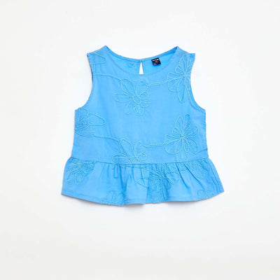 Sleeveless Blouse with Floral Embroidery BLUE