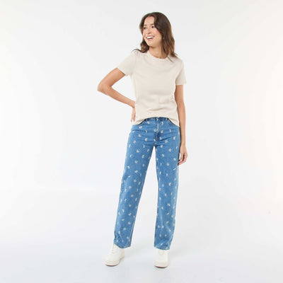 Regular Fit Cotton Jean with All-Over Embroidery BLUE