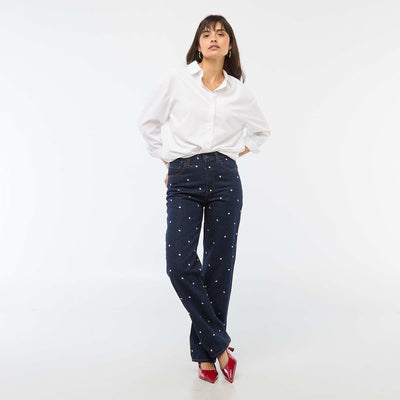Regular Cotton Jean with All-Over Embroidery BLUE