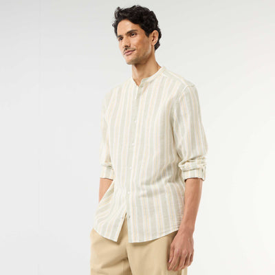 Striped Mao Collar Shirt with Roll-Up Sleeves GREEN