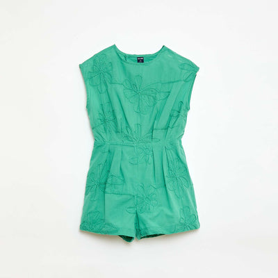 Short jumpsuit with large embroidered flowers GREEN
