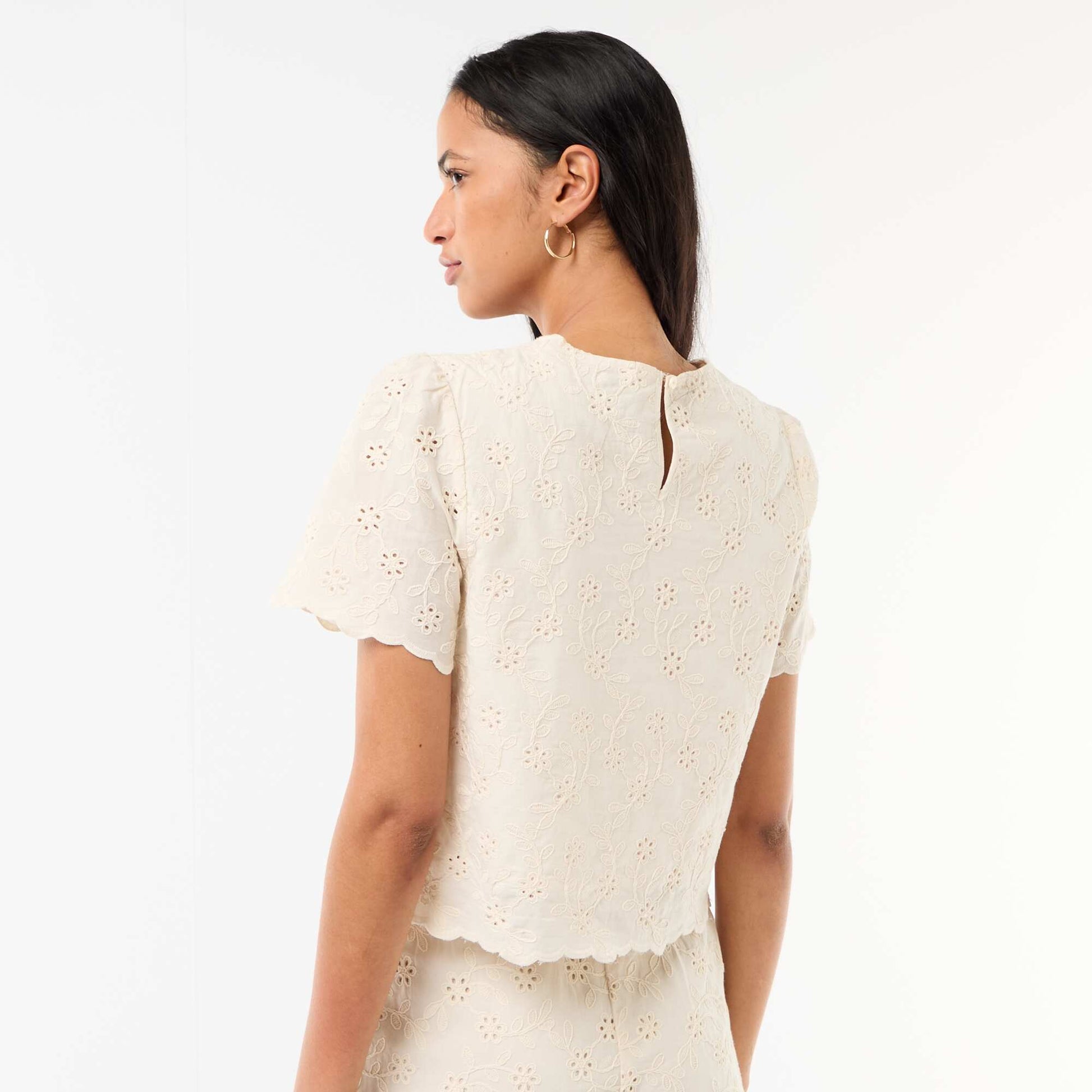 Short-Sleeve Broderie Anglaise Cotton Top BEIGE