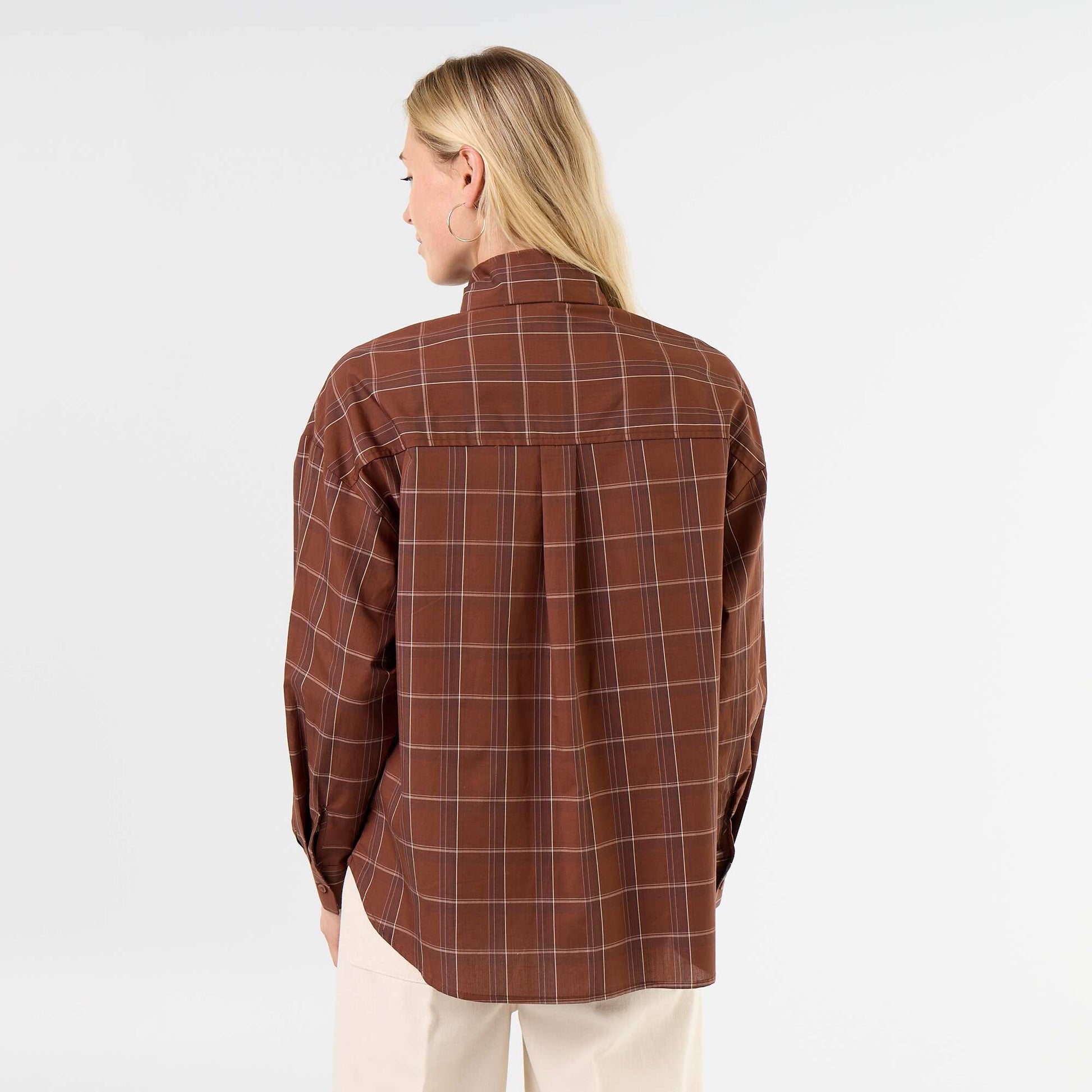 Loose Long-Sleeved Shirt with Pussy-Bow Collar BROWN