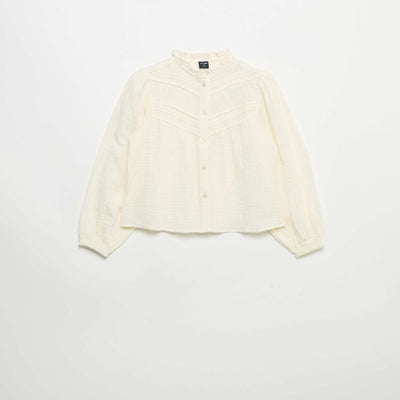 Blouse with Ruffled Collar and Embroidery BEIGE