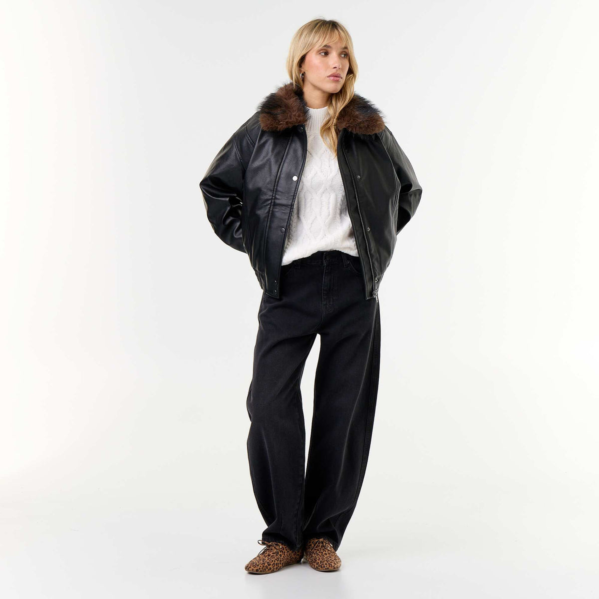 Oversized Faux Leather Jacket with Removable Fur Collar BLACK