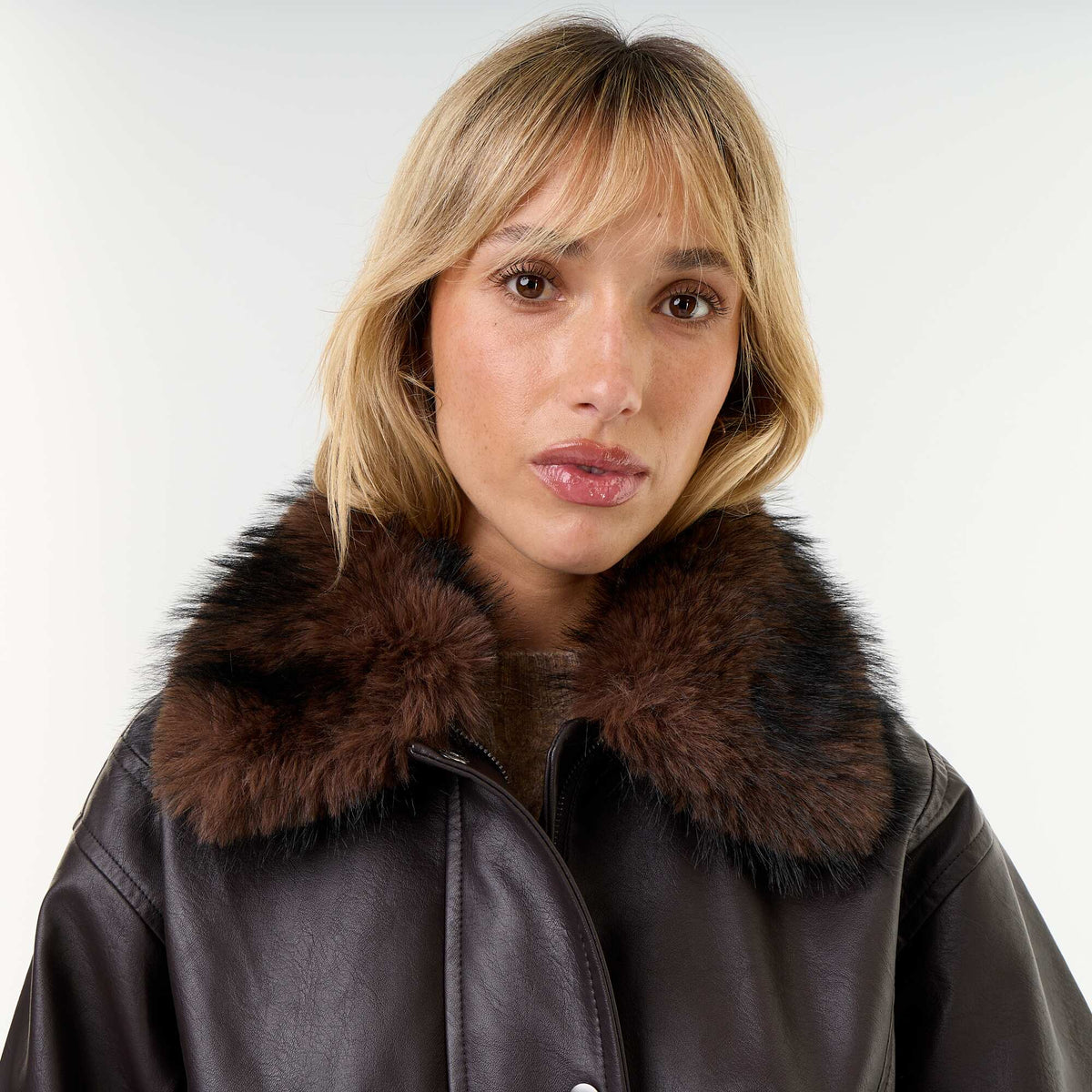 Oversized Faux Leather Jacket with Removable Fur Collar BROWN