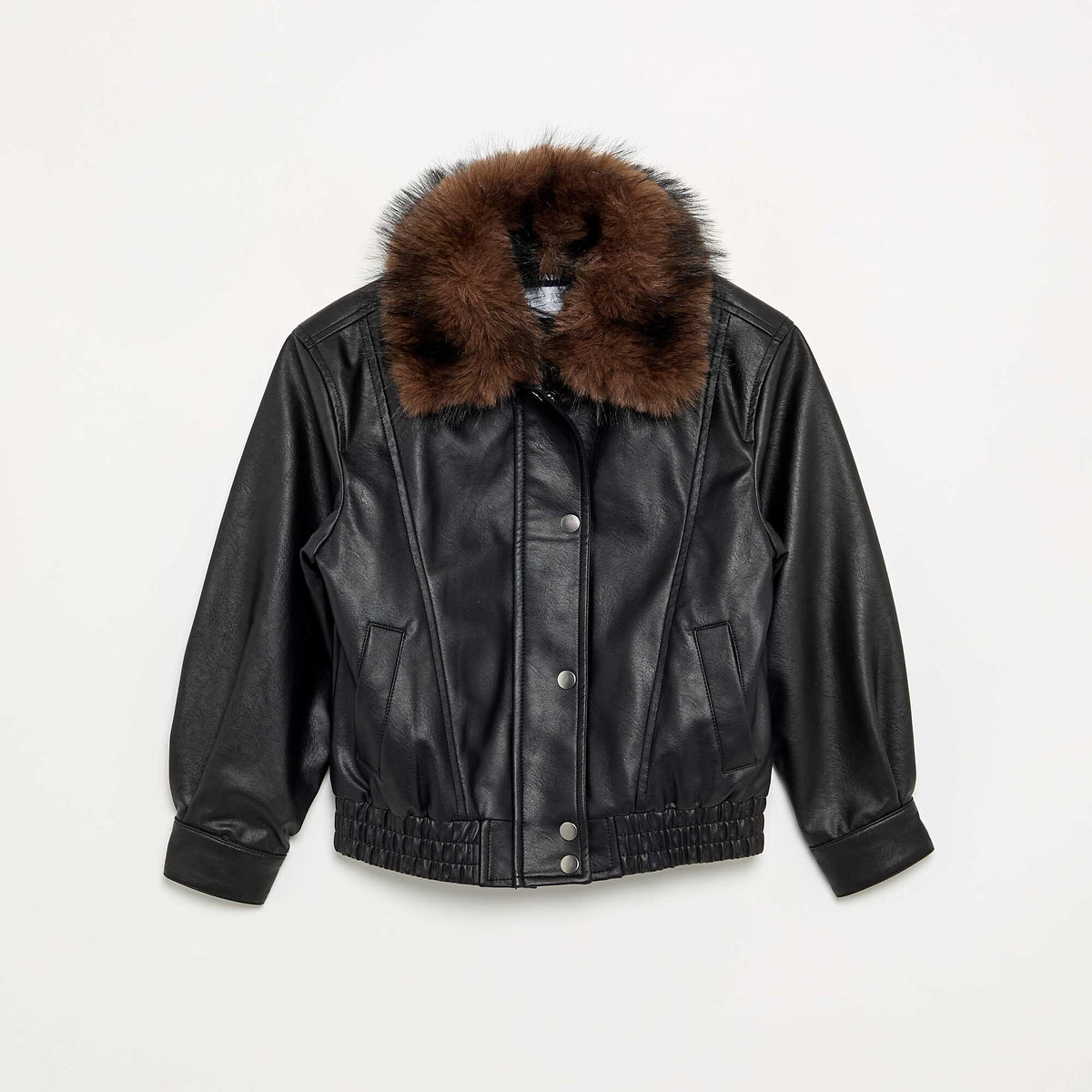 Faux Leather Bomber Jacket with Detachable Faux Fur Collar BLACK