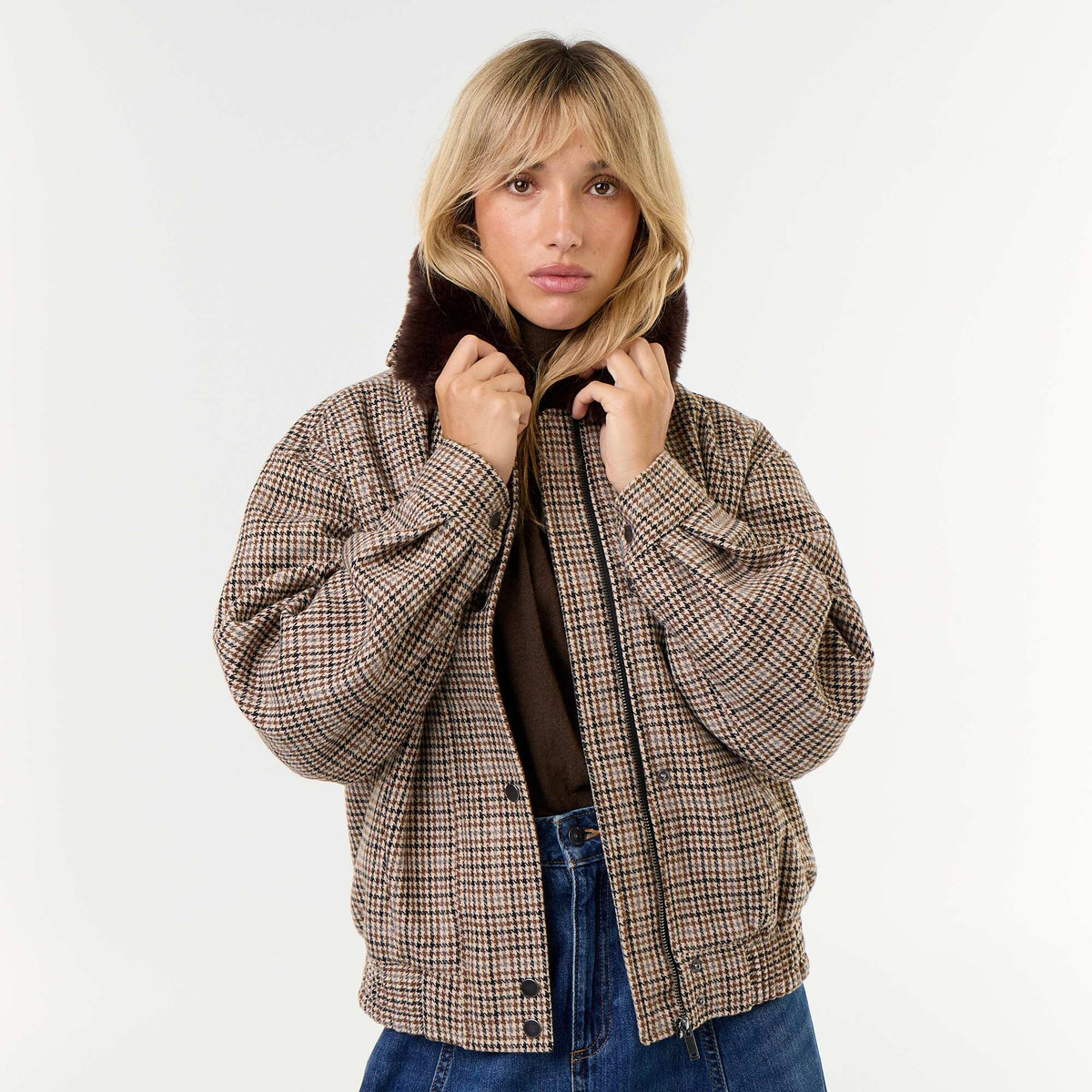 Oversized wool-look jacket with removable faux fur collar BEIGE