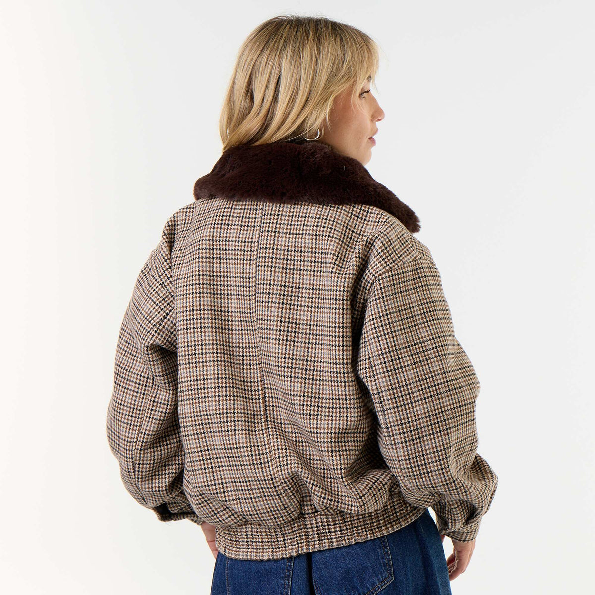 Oversized wool-look jacket with removable faux fur collar BEIGE